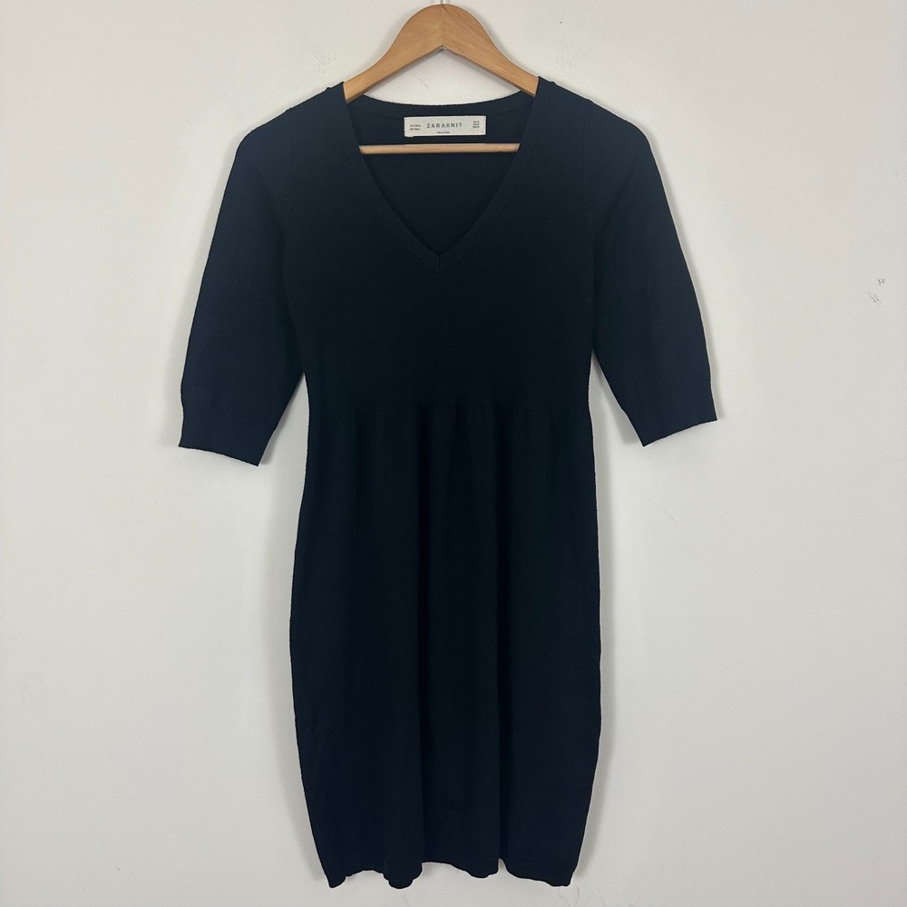 Zara Zaraknit Sweater Dress Black Viscose V-Neck Y2K Minimalist Women M